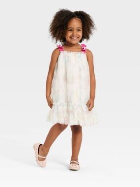 Girls' Pink-Accent White Pastel Ruffle Dress